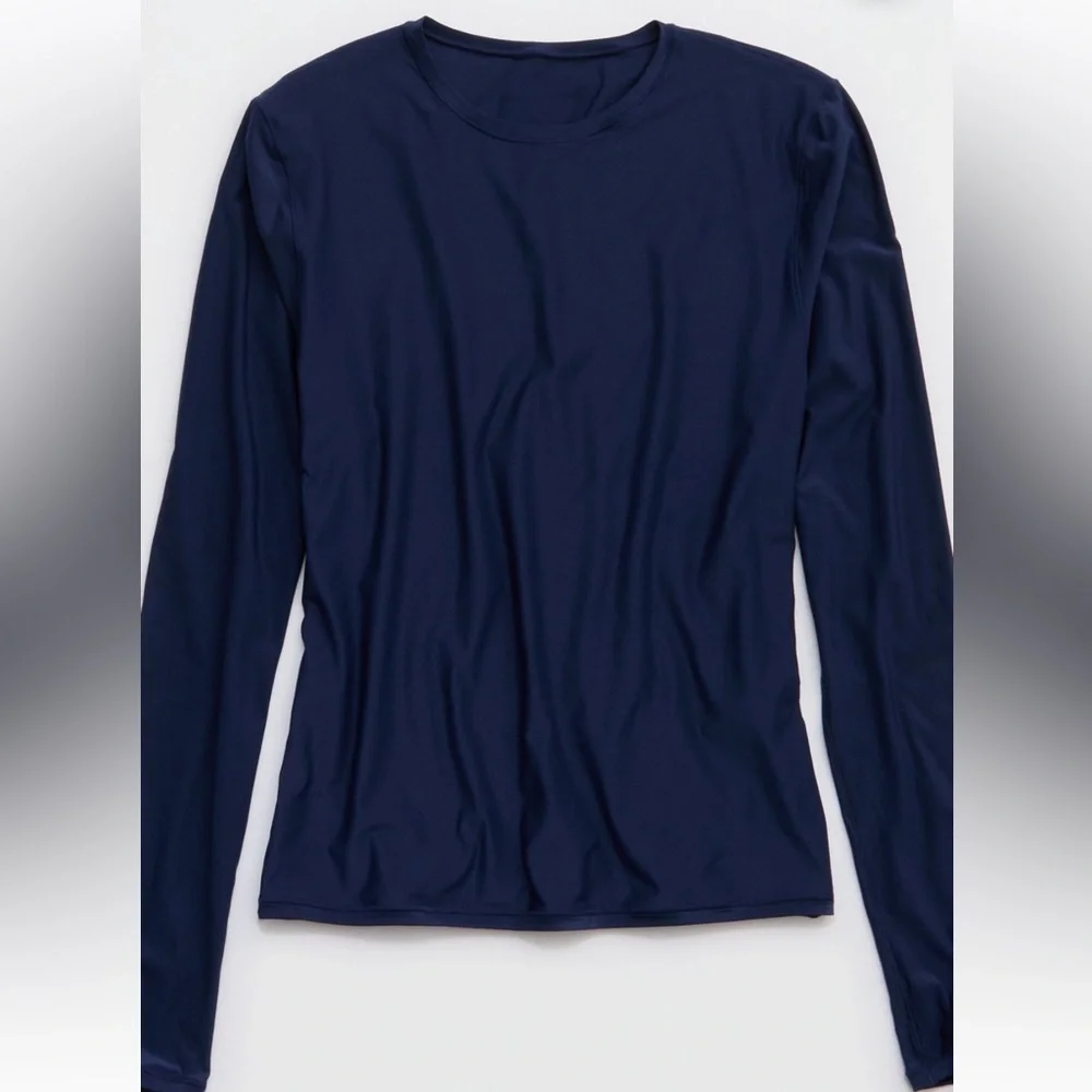 NWT Aerie Smoothez Long Sleeve Crew T-Shirt Navy Blue Large Fitted Smoothing Top - Picture 3 of 5